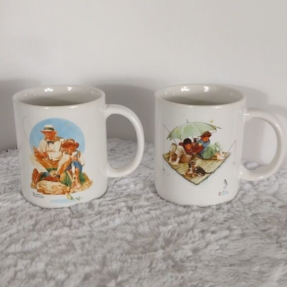 Two Vintage 1987 Norman Rockwell Fishing Mugs - Picture 1 of 9